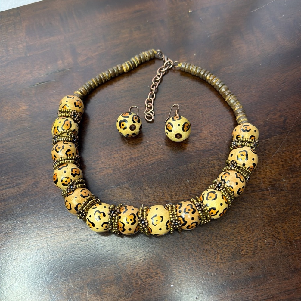 Leopard Print Statement Necklace & Earrings Set Boho Vintage